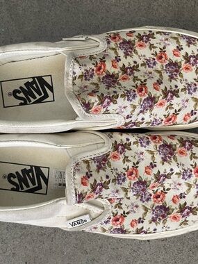 Vans Floral Slip-On Sneakers - White with Pink & Purple Blooms